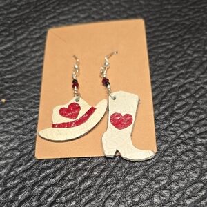 Genuine leather.Cowboy Hat and Boot Earrings with Red Heart Handmade brand new